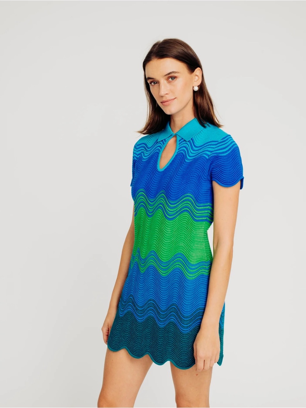 Torn by Ronny Kobo Blue and Green Wave Knit Mini Dress